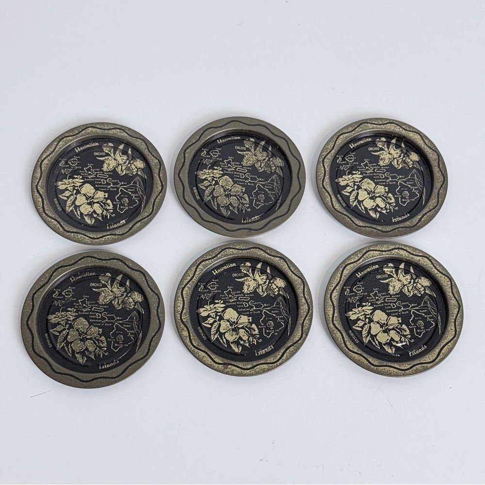 Set of 6 Vintage Aluminum Hawaii Souvenir Coaster Set